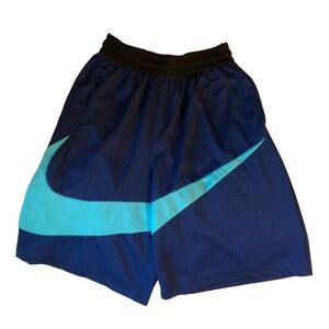 Nike Men's Blue Athletic Dri-Fit Shorts with Blue Swoosh on the Front